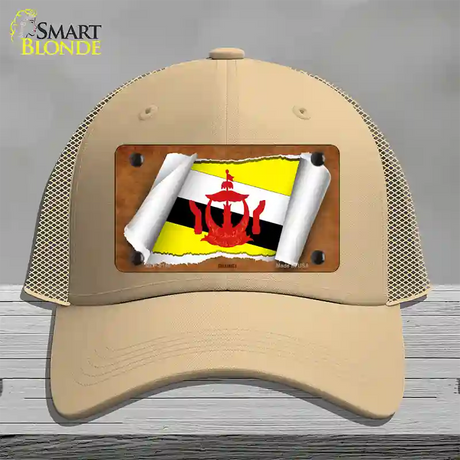 Brunei Flag Scroll Novelty License Plate Hat Mesh / Khaki