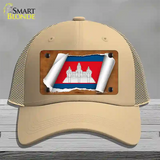 Cambodia Flag Scroll Novelty License Plate Hat Mesh / Khaki