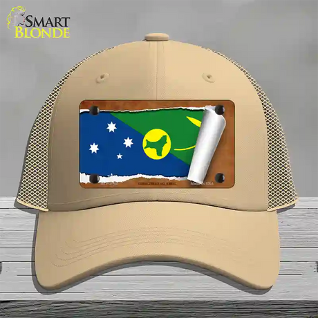 Christmas Islands Flag Scroll Novelty License Plate Hat Mesh / Khaki