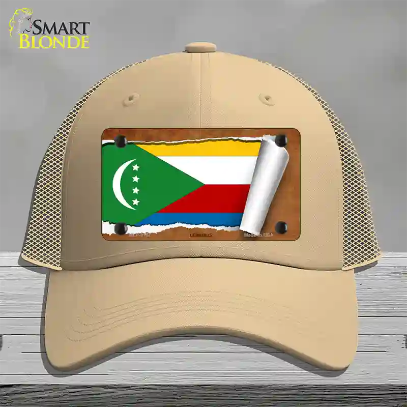 Comoros Flag Scroll Novelty License Plate Hat Mesh / Khaki