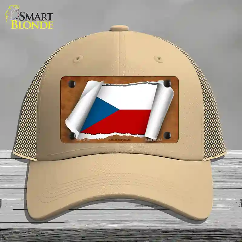 Czech Republic Flag Scroll Novelty License Plate Hat Mesh / Khaki