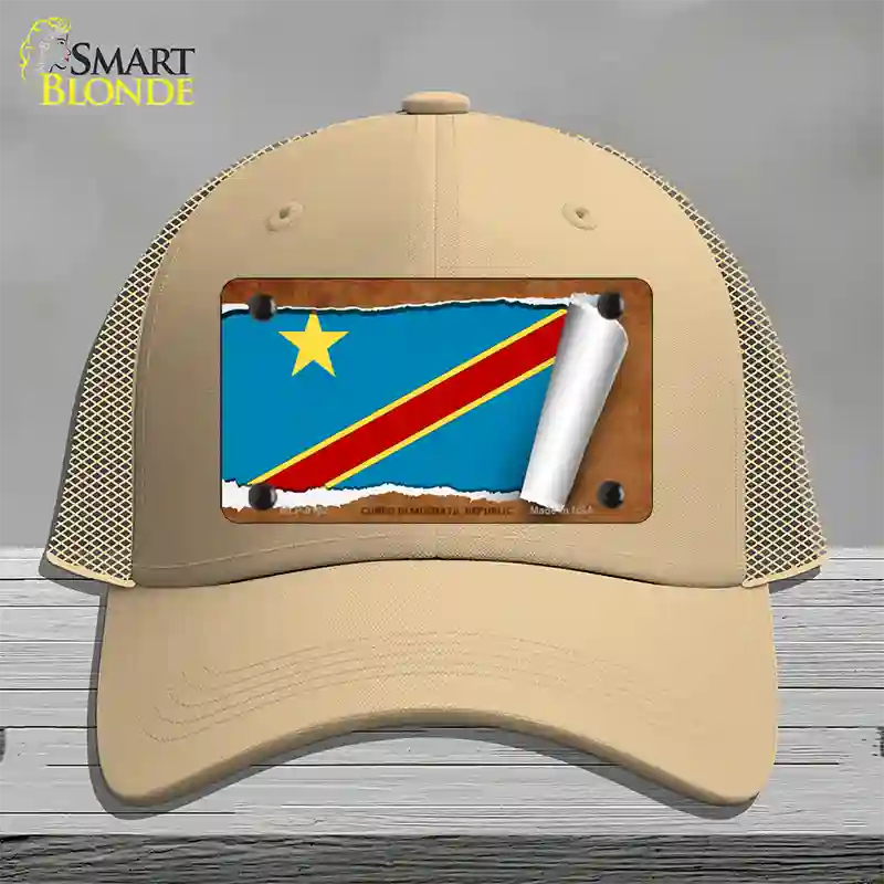 Congo Democratic Republic Flag Scroll Novelty License Plate Hat Mesh / Khaki