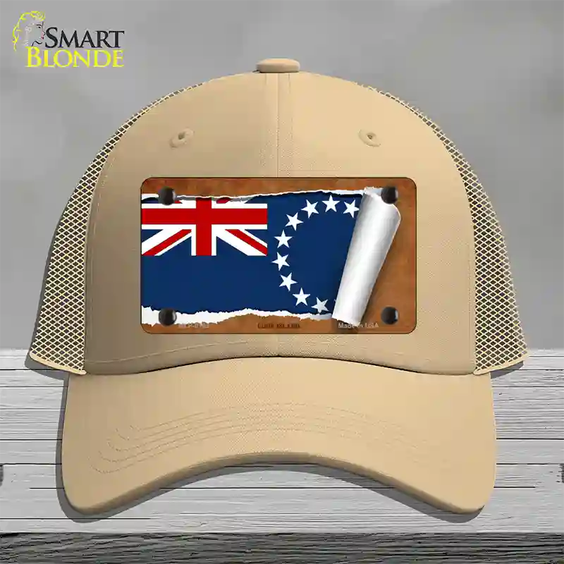 Cook Island Flag Scroll Novelty License Plate Hat Mesh / Khaki