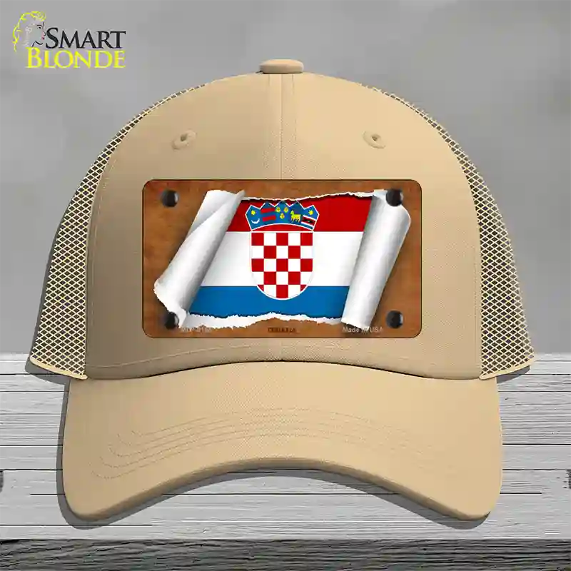 Croatia Flag Scroll Novelty License Plate Hat Mesh / Khaki