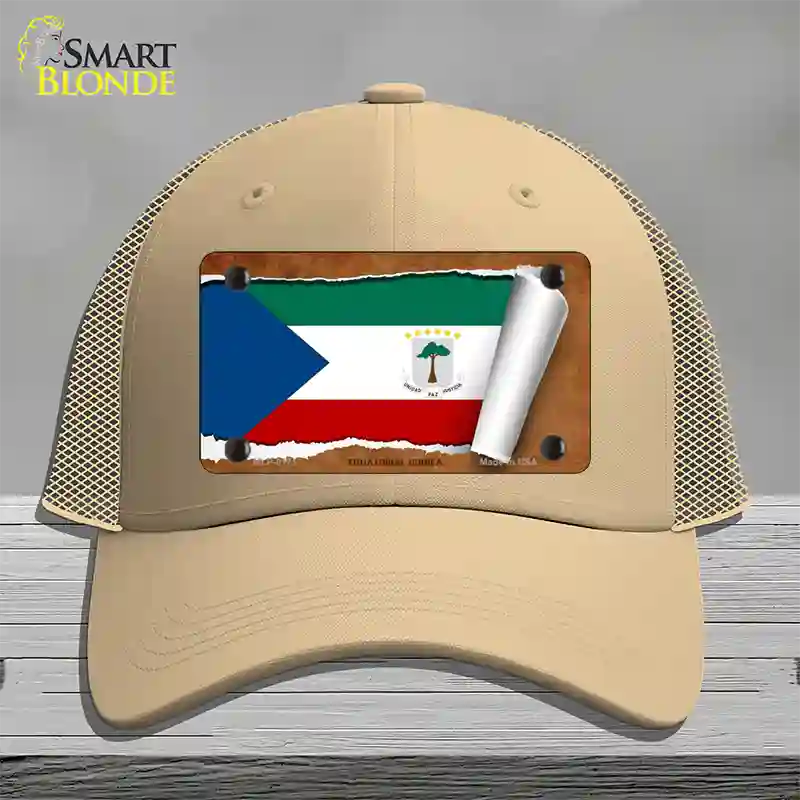 Equatorial Guinea Flag Scroll Novelty License Plate Hat Mesh / Khaki