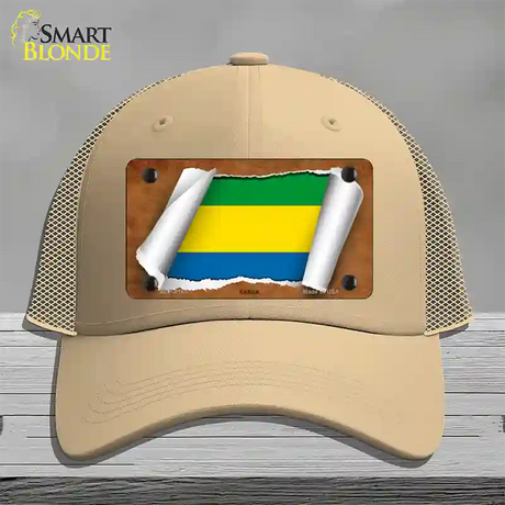 Gabon Flag Scroll Novelty License Plate Hat Mesh / Khaki