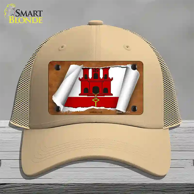 Gibraltar Flag Scroll Novelty License Plate Hat Mesh / Khaki