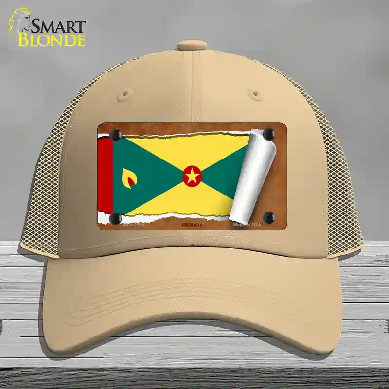 Grenada Flag Scroll Novelty License Plate Hat Mesh / Khaki