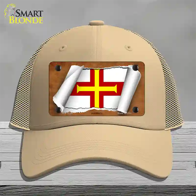 Guernsey Flag Scroll Novelty License Plate Hat Mesh / Khaki