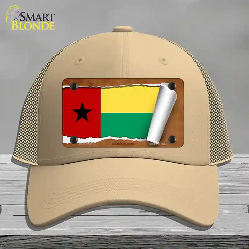 Guinea-Bissau Flag Scroll Novelty License Plate Hat Mesh / Khaki