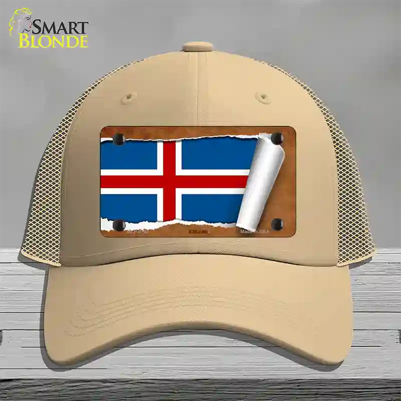 Iceland Flag Scroll Novelty License Plate Hat Mesh / Khaki