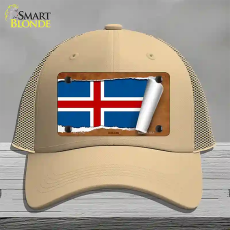 Iceland Flag Scroll Novelty License Plate Hat Mesh / Khaki