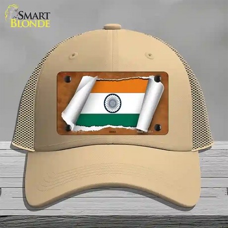 India Flag Scroll Novelty License Plate Hat Mesh / Khaki