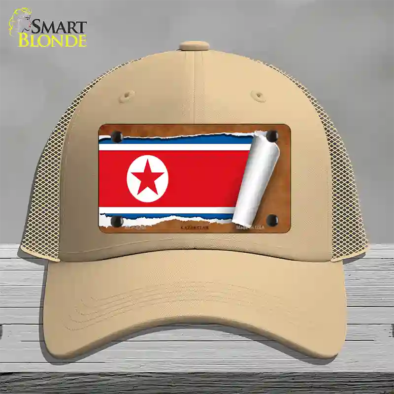 North Korea Flag Scroll Novelty License Plate Hat Mesh / Khaki