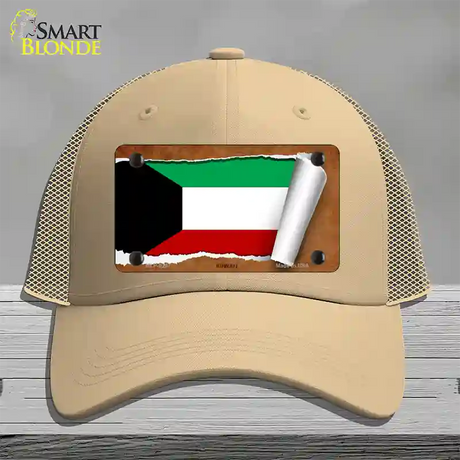 Kuwait Flag Scroll Novelty License Plate Hat Mesh / Khaki