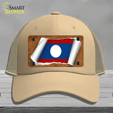 Laos Flag Scroll Novelty License Plate Hat Mesh / Khaki