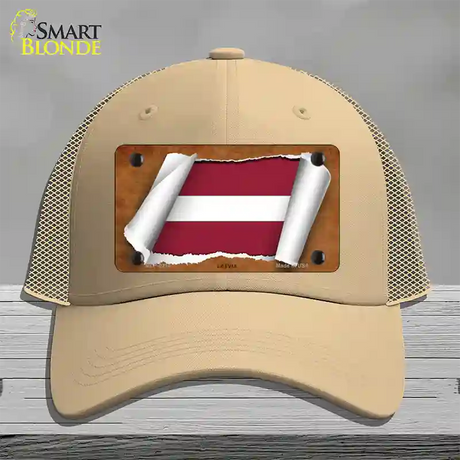 Latvia Flag Scroll Novelty License Plate Hat Mesh / Khaki