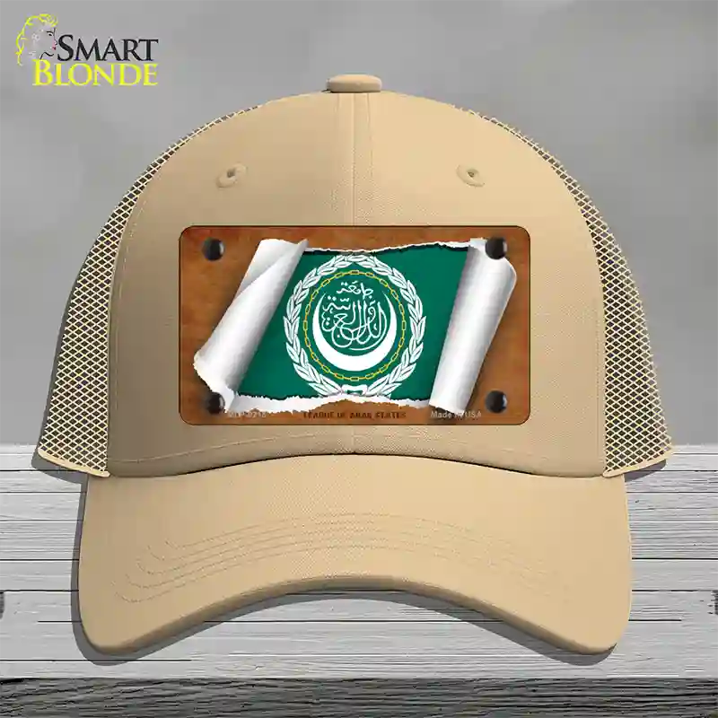 League of Arab States Flag Scroll Novelty License Plate Hat Mesh / Khaki