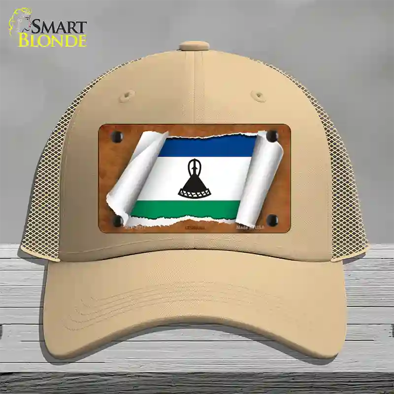 Lesotho Flag Scroll Novelty License Plate Hat Mesh / Khaki