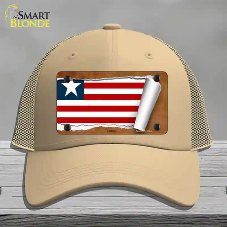 Liberia Flag Scroll Novelty License Plate Hat Mesh / Khaki