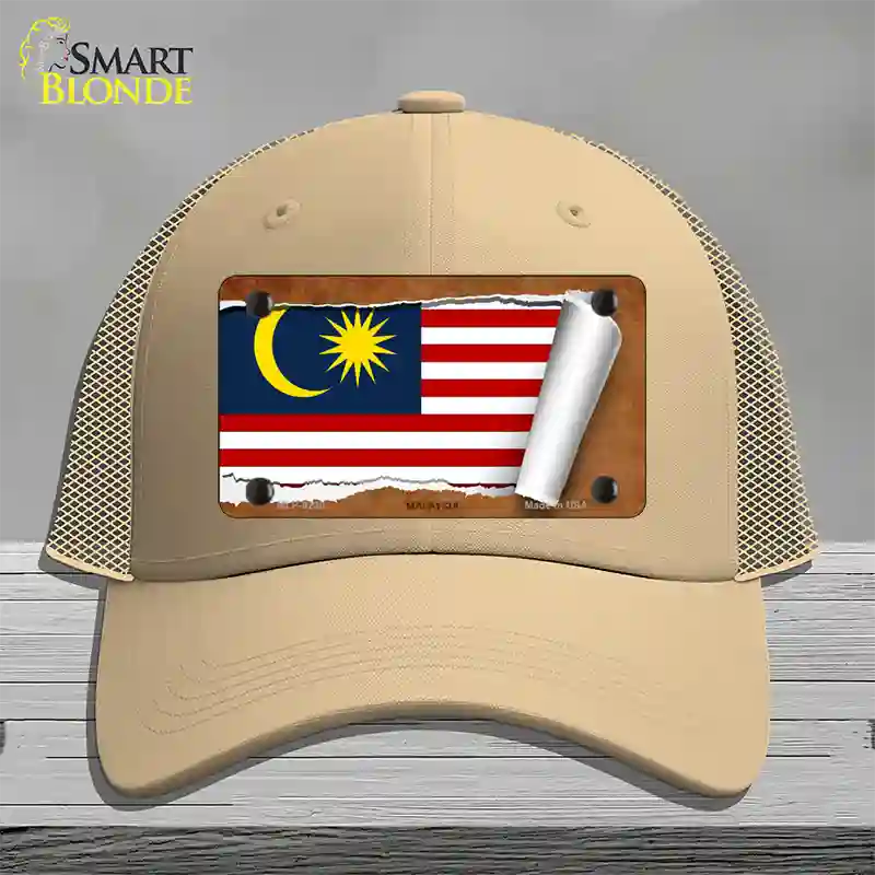 Malaysia Flag Scroll Novelty License Plate Hat Mesh / Khaki