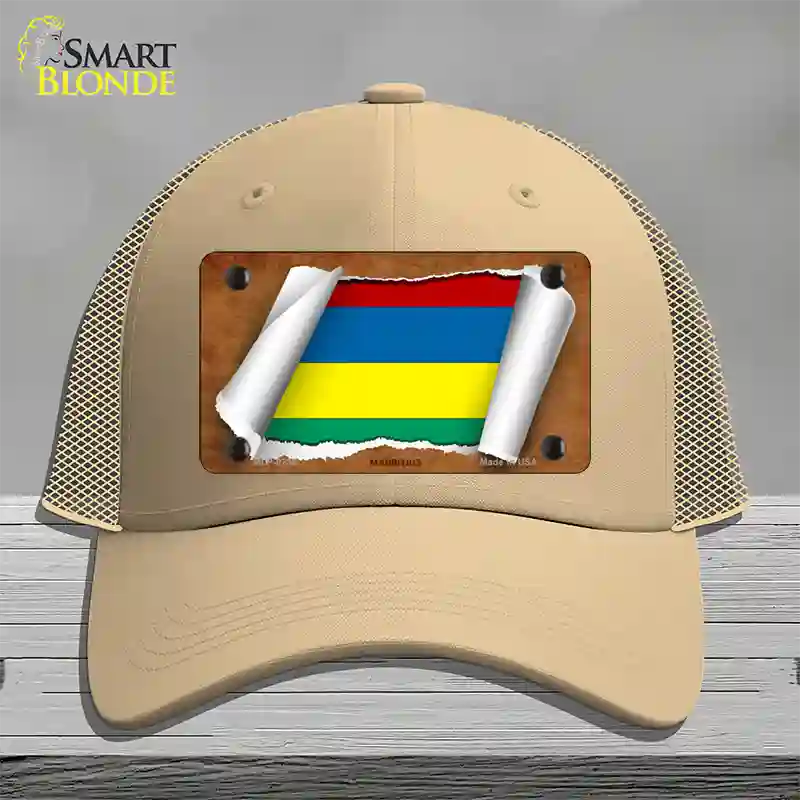 Mauritius Flag Scroll Novelty License Plate Hat Mesh / Khaki