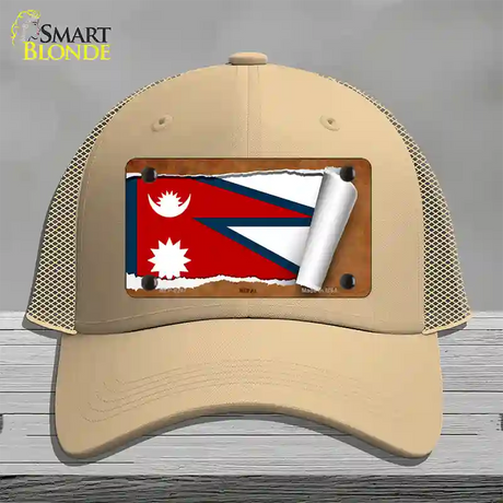 Nepal Flag Scroll Novelty License Plate Hat Mesh / Khaki