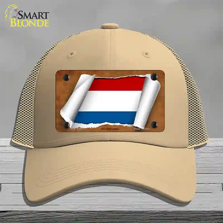 Netherlands Flag Scroll Novelty License Plate Hat Mesh / Khaki