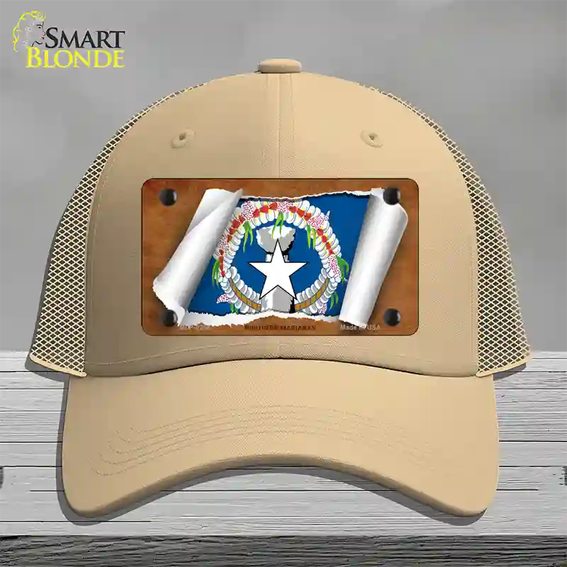 Northern Marianas Flag Scroll Novelty License Plate Hat Mesh / Khaki