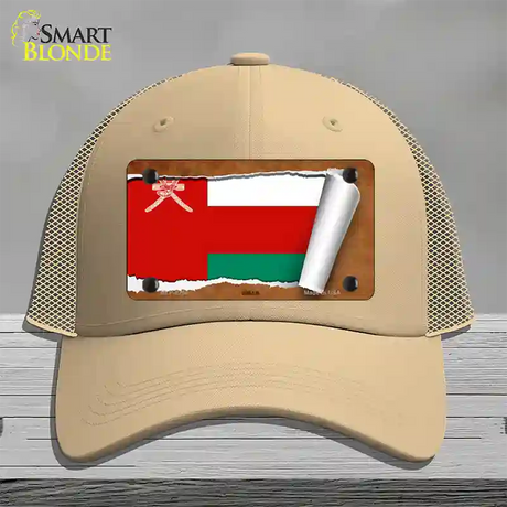 Oman Flag Scroll Novelty License Plate Hat Mesh / Khaki