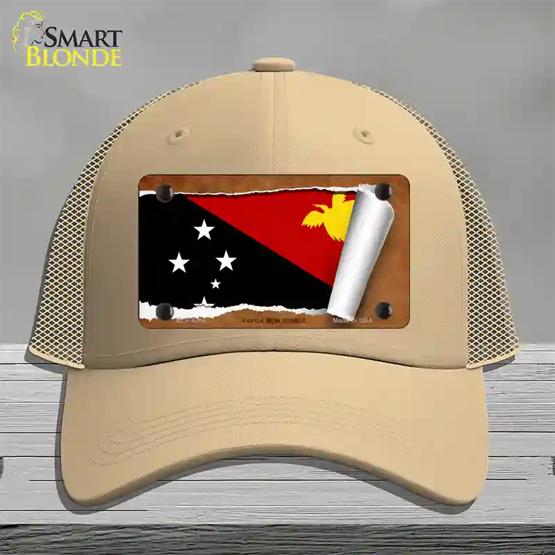 Papua New Guinea Flag Scroll Novelty License Plate Hat Mesh / Khaki