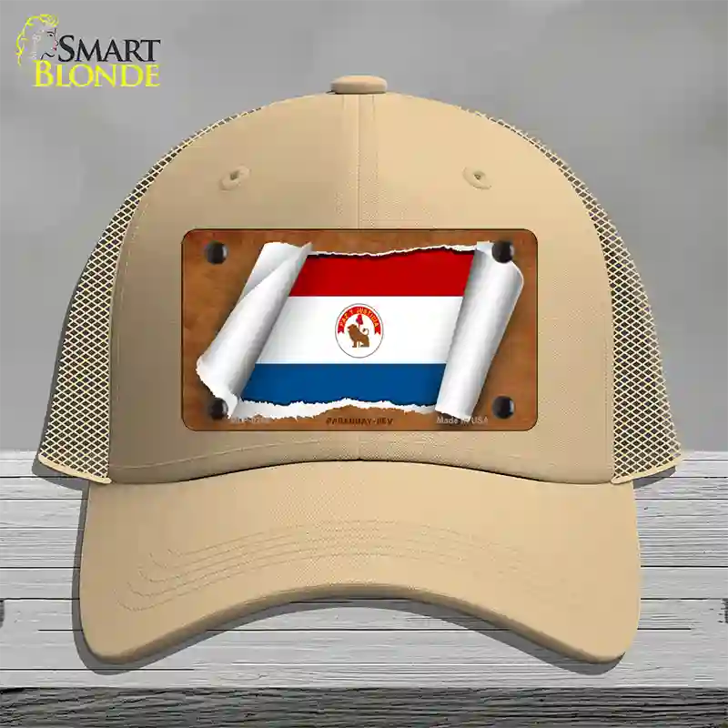 Paraguay-REV Flag Scroll Novelty License Plate Hat Mesh / Khaki