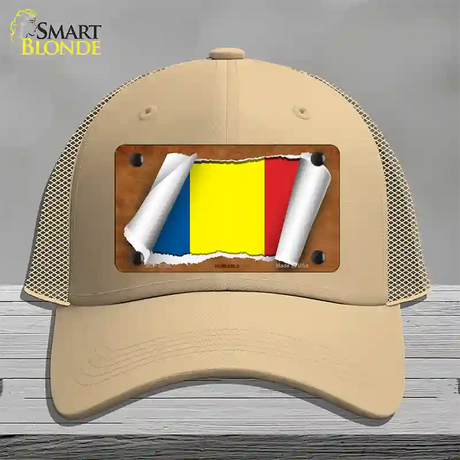 Romania Flag Scroll Novelty License Plate Hat Mesh / Khaki