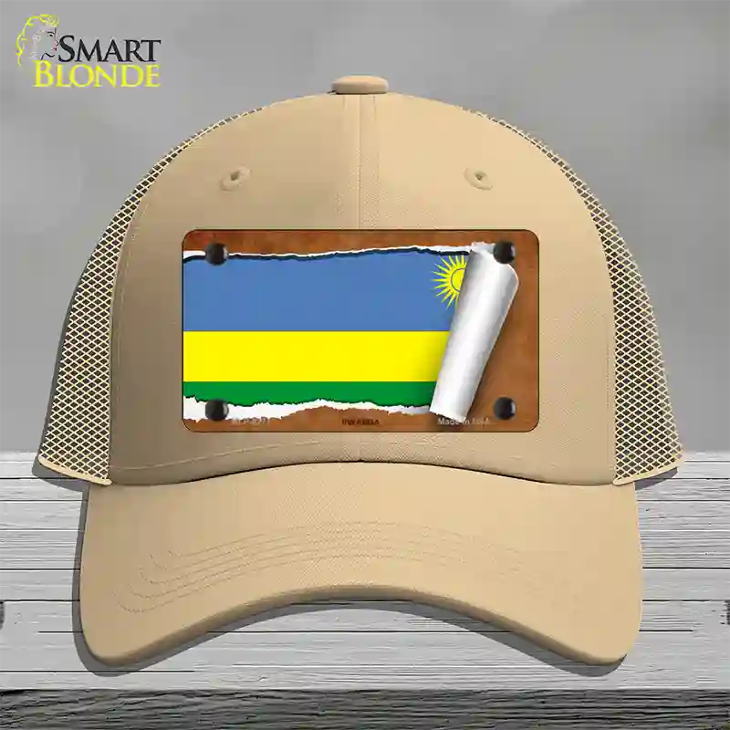 Rwanda Flag Scroll Novelty License Plate Hat Mesh / Khaki