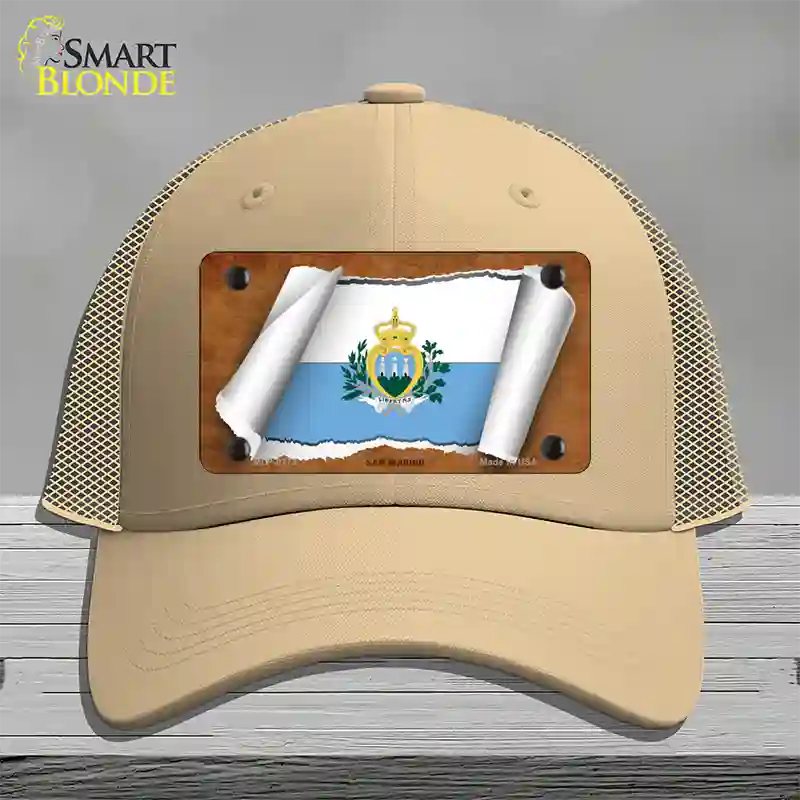 San Marino Flag Scroll Novelty License Plate Hat Mesh / Khaki