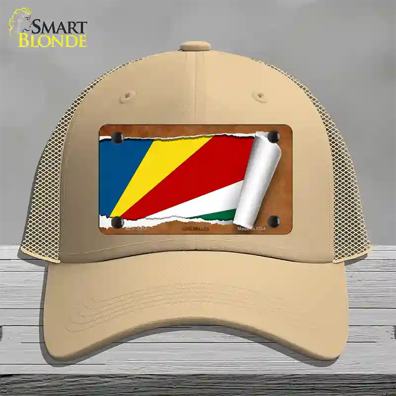 Seychelles Flag Scroll Novelty License Plate Hat Mesh / Khaki