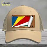 Seychelles Flag Scroll Novelty License Plate Hat Mesh / Khaki