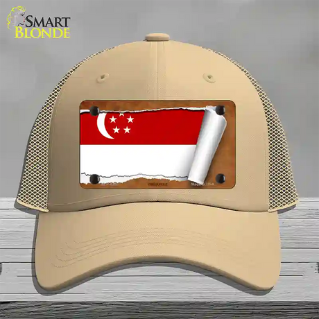 Singapore Flag Scroll Novelty License Plate Hat Mesh / Khaki