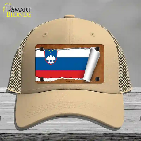 Slovenia Flag Scroll Novelty License Plate Hat Mesh / Khaki