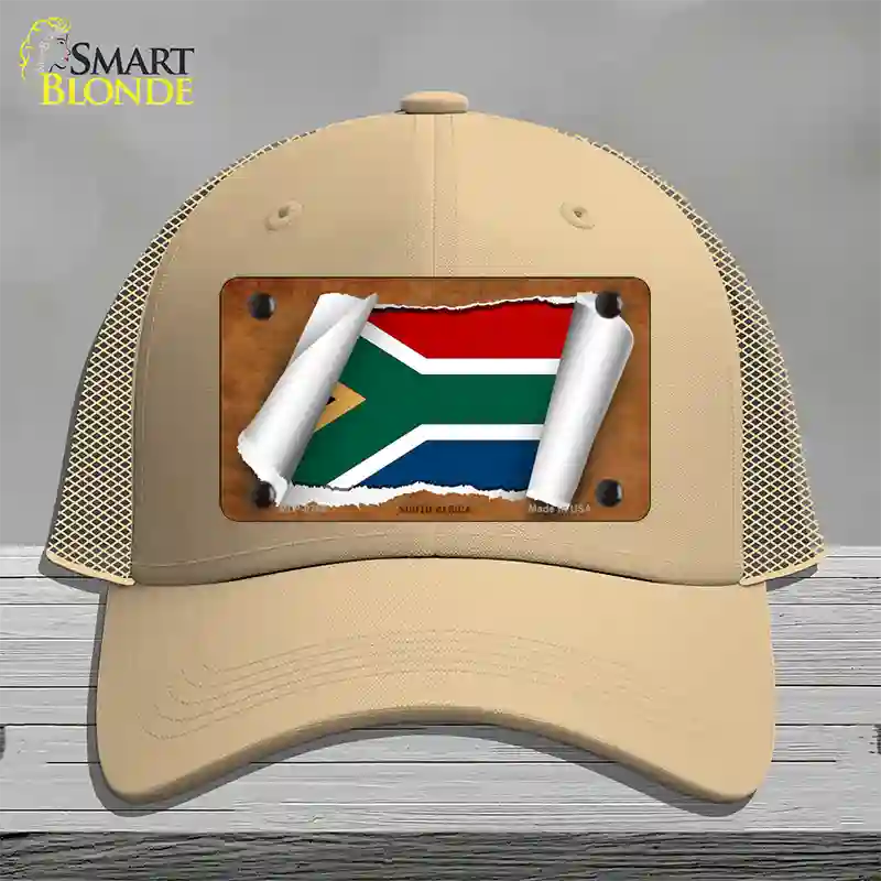 South Africa Flag Scroll Novelty License Plate Hat Mesh / Khaki