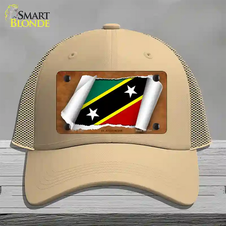 St Kitts-Nevis Flag Scroll Novelty License Plate Hat Mesh / Khaki