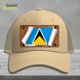 St Lucia Flag Scroll Novelty License Plate Hat Mesh / Khaki