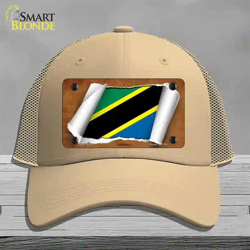 Tanzania Flag Scroll Novelty License Plate Hat Mesh / Khaki