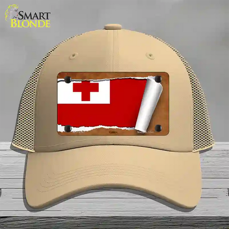 Tonga Flag Scroll Novelty License Plate Hat Mesh / Khaki