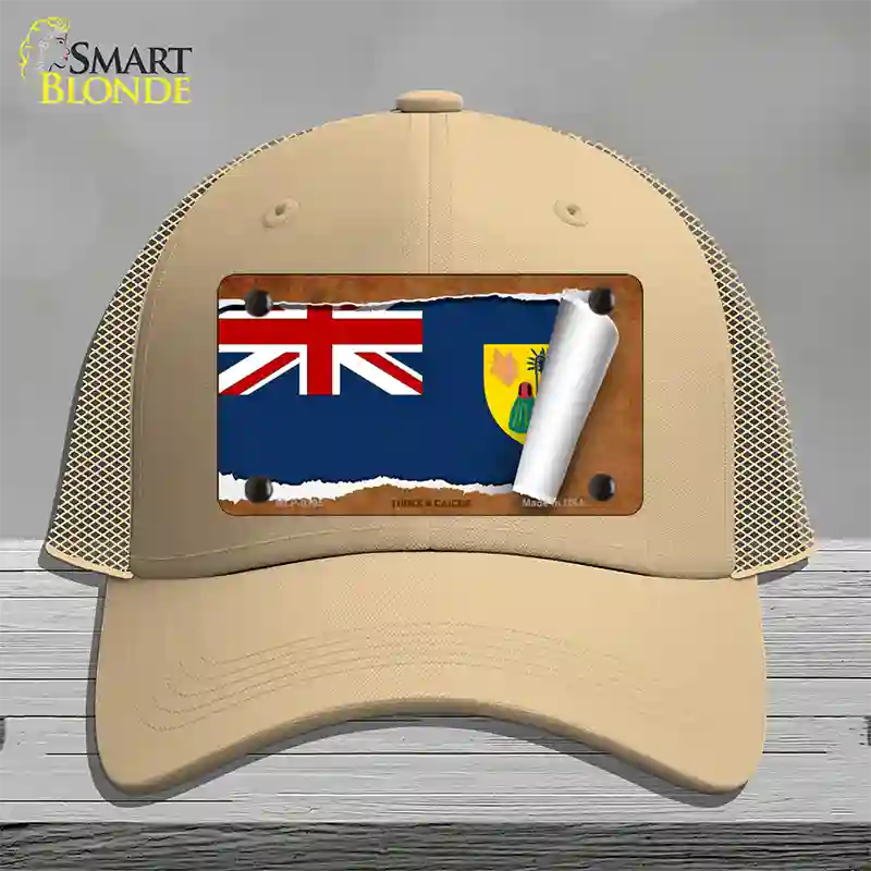 Turks & Caicos Flag Scroll Novelty License Plate Hat Mesh / Khaki