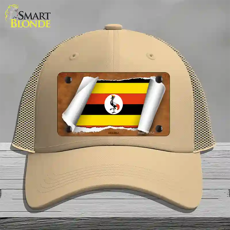 Uganda Flag Scroll Novelty License Plate Hat Mesh / Khaki