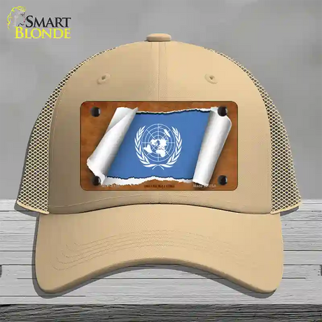 United Nations Flag Scroll Novelty License Plate Hat Mesh / Khaki