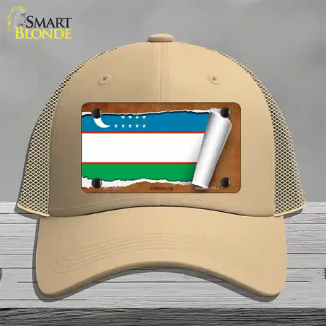 Uzbekistan Flag Scroll Novelty License Plate Hat Mesh / Khaki