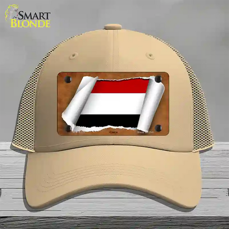 Yemen Flag Scroll Novelty License Plate Hat Mesh / Khaki