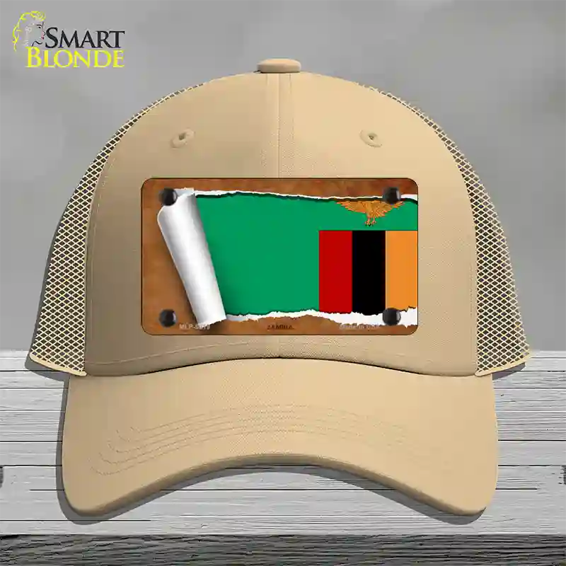 Zambia Flag Scroll Novelty License Plate Hat Mesh / Khaki